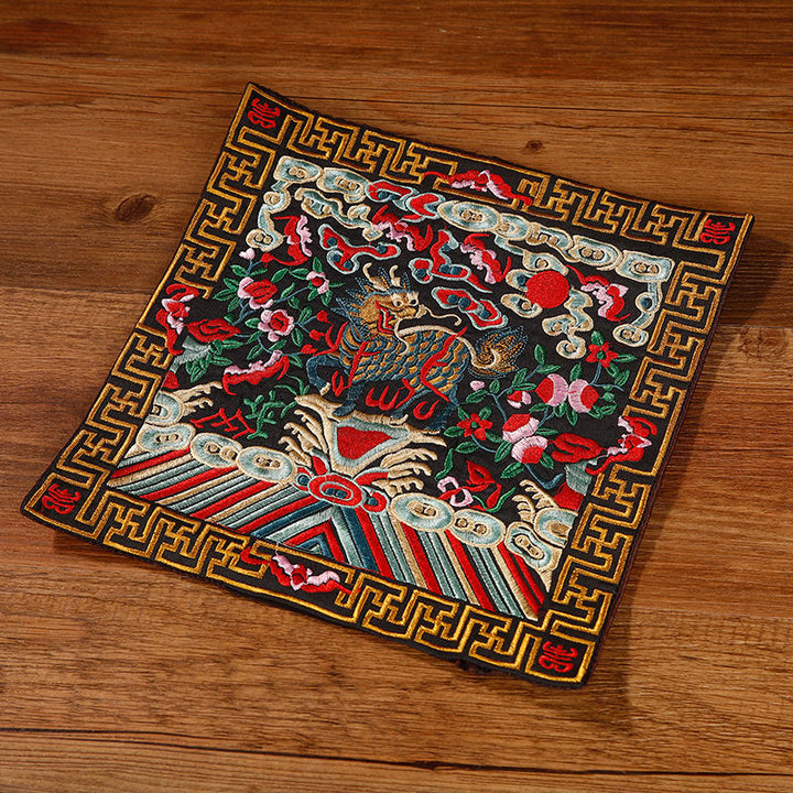 Buddha Stones Crane Phoenix Dragon Kirin Embroidered Cup Mat Pad Tea Cup Coaster Square Kung Fu Tea Mat - Black Kirin - image 31
