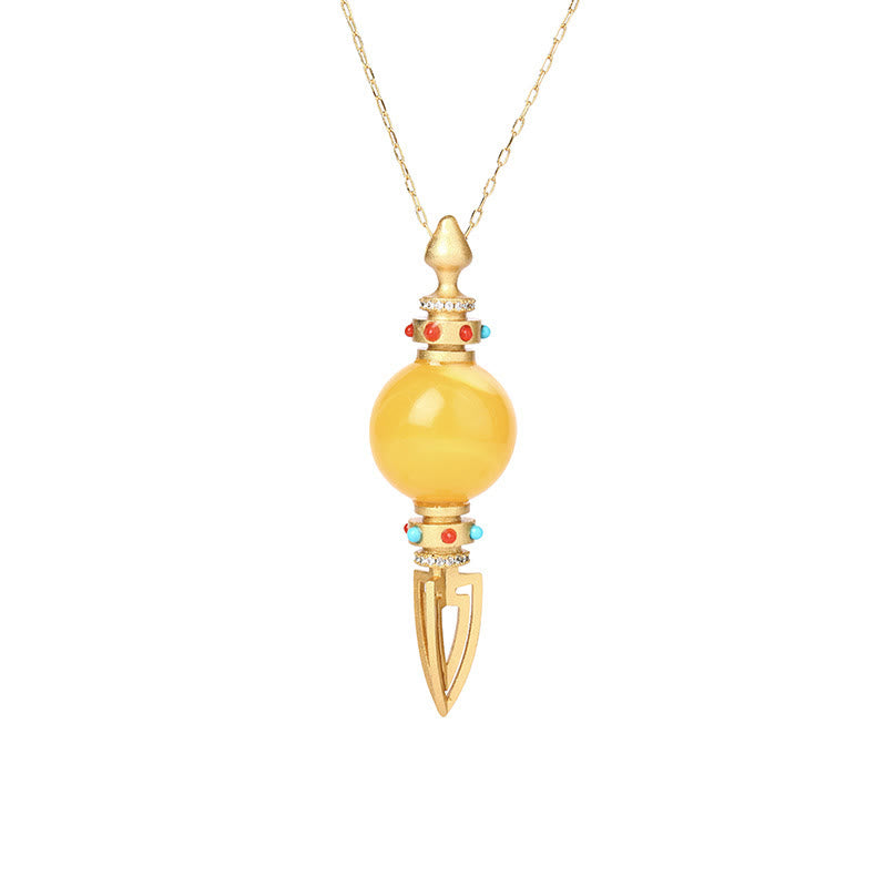 24K Gold Plated Amber Dorje Vajra Clear Anxiety Necklace Pendant - image 4