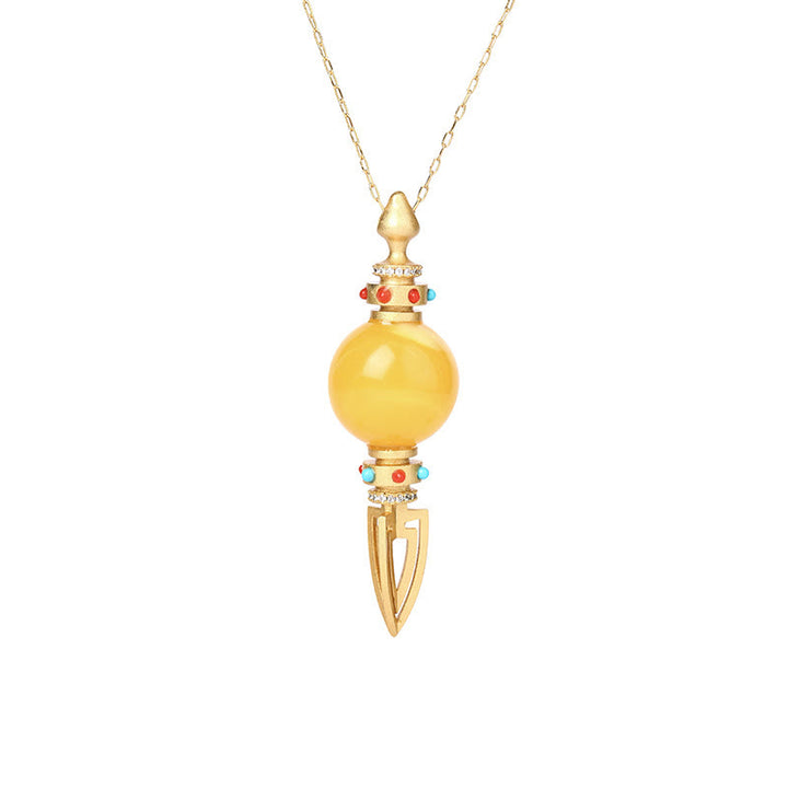24K Gold Plated Amber Dorje Vajra Clear Anxiety Necklace Pendant - image 4