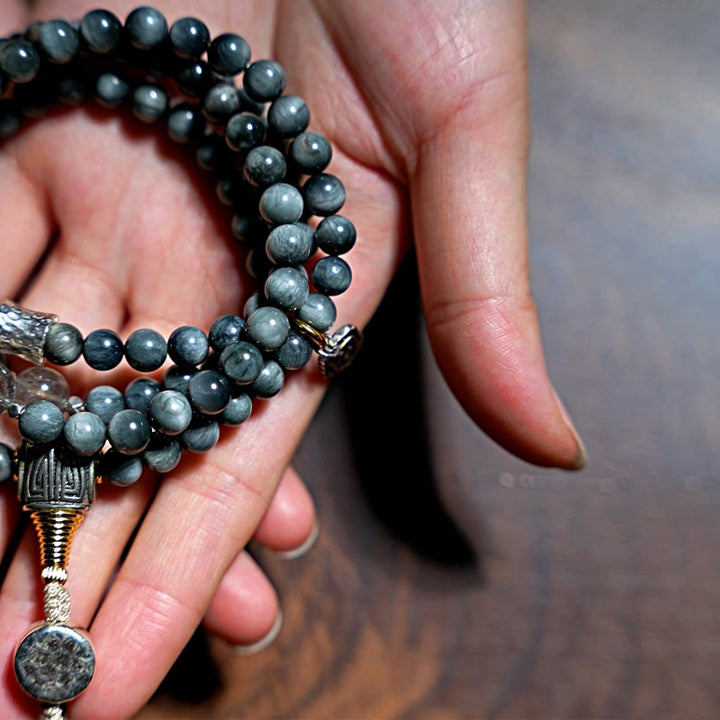 Buddha Stones 925 Sterling Silver 108 Mala Beads Eagle's Eye Stone Moonstone Positive Bracelet - image 6