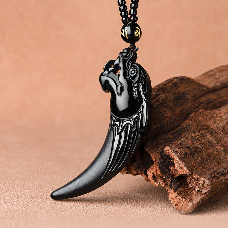 Buddha Stones Natural Black Jade Chinese Zodiac Dragon Tooth Pattern Protection Necklace Pendant - image 1