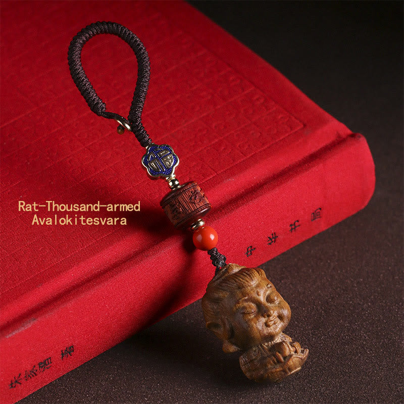 Chinese Zodiac Natal Buddha Green Sandalwood Om Mani Padme Hum Peace Key Chain - Rat-Thousand-armed Avalokitesvara - image 1