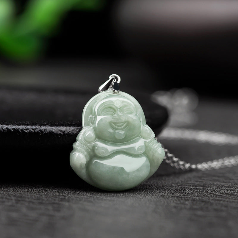 Buddha Stones 925 Sterling Silver Laughing Buddha Jade Blessing Necklace Chain Pendant - image 1