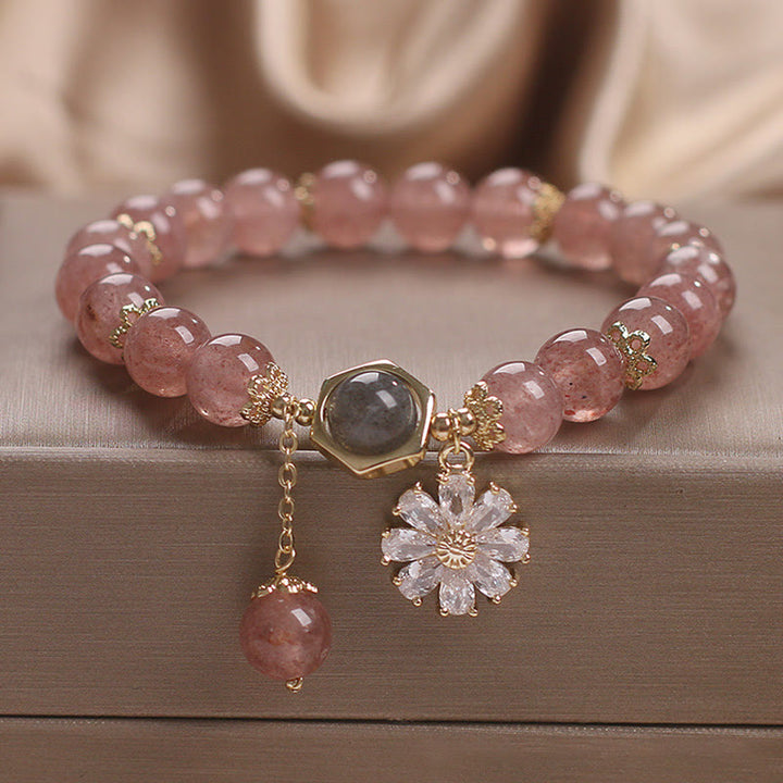 Natural Strawberry Quartz Crystal Daisy Flower Charm Positive Healing Bracelet - Strawberry Quartz(Love♥Healing) - image 0