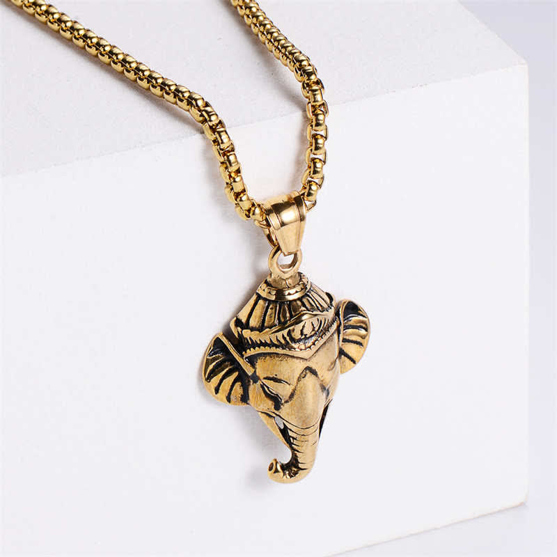 Buddha Stones Ganesh Ganpati Elephant Titanium Steel Protection Pendant Necklace - Gold - image 0