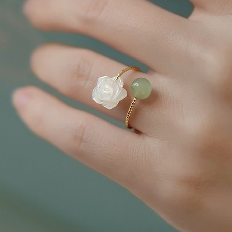 Buddha Stones 14K Gold Plated Tridacna Stone Rose Flower Jade Bead Blessing Ring - image 3