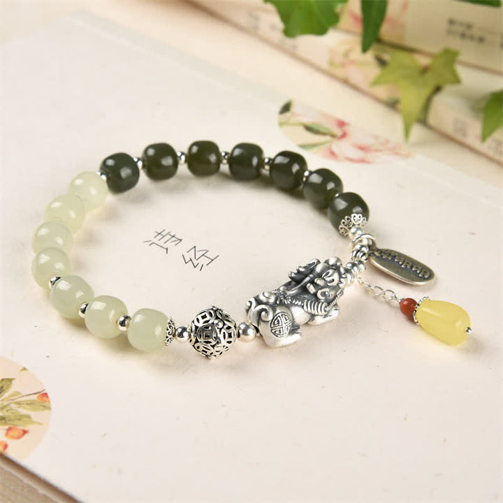 Buddha Stones 925 Sterling Silver Natural Hetian Jade Amber PiXiu Luck Bracelet - image 4