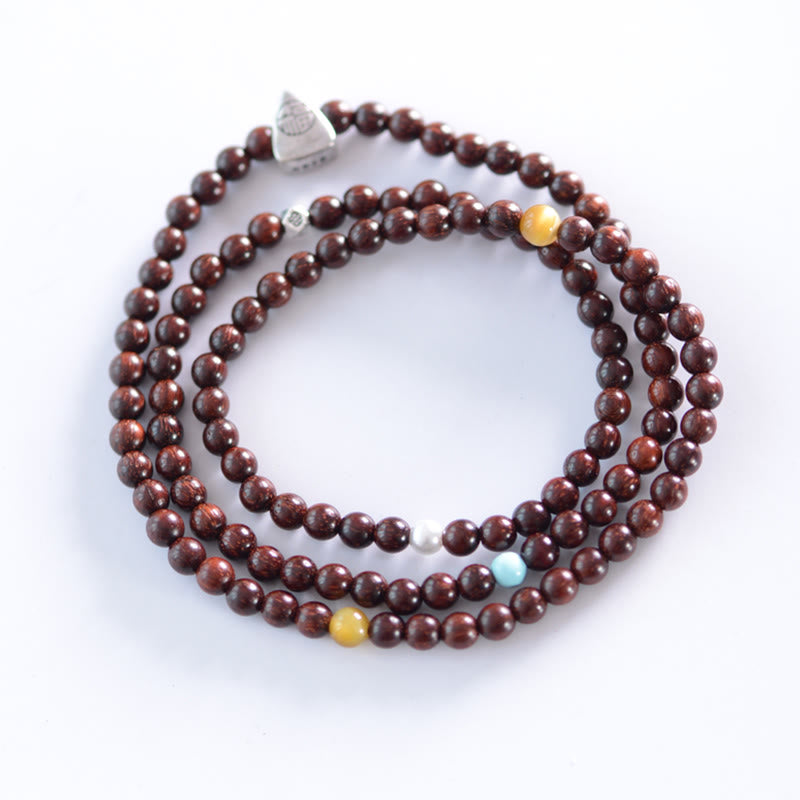 Buddha Stones 925 Sterling Silver Indian Small Leaf Red Sandalwood Fu Character Protection Triple Wrap Bracelet - image 12