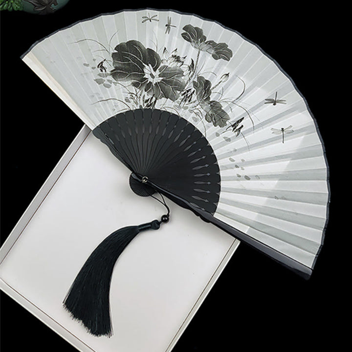 Buddha Stones Vintage Bamboo Peony Butterfly Lotus Handheld Silk Folding Fan With Bamboo Frames - Lotus Flower Leaf Dragonfly - image 14