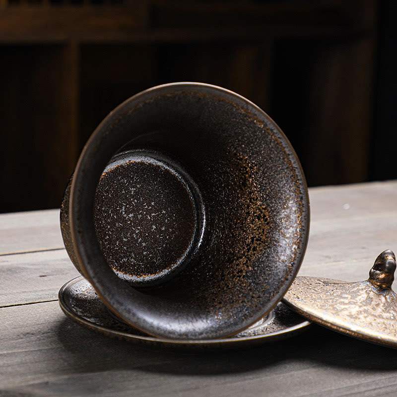 Buddha Stones Retro Rust Glaze Ceramic Gaiwan Sancai Teacup Kung Fu Tea Cup And Saucer With Lid - image 3