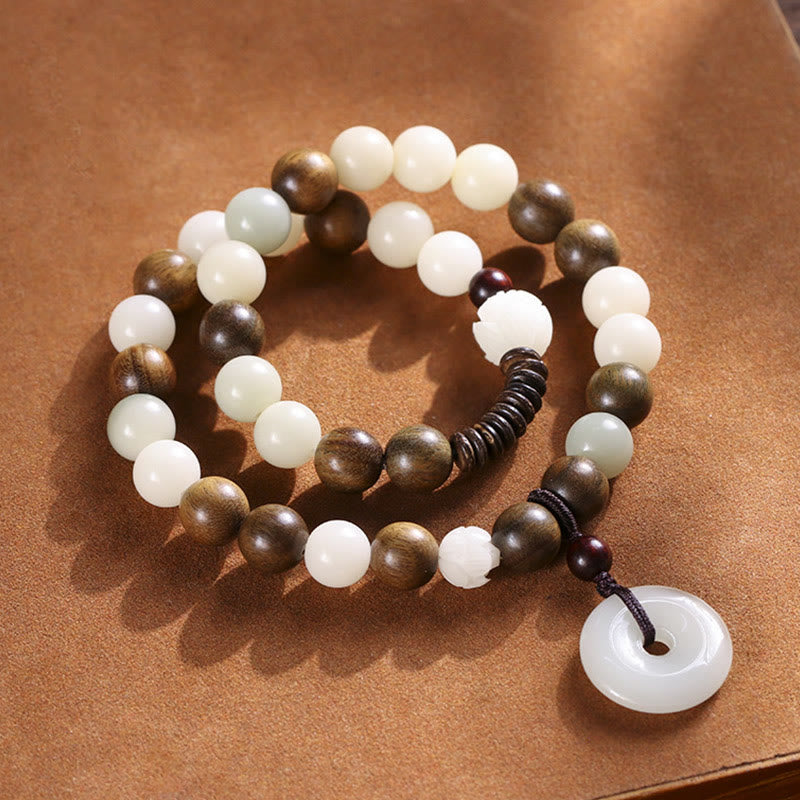 Buddha Stones Bodhi Seed Green Sandalwood Lotus Peace Buckle Harmony Double Wrap Bracelet - image 1