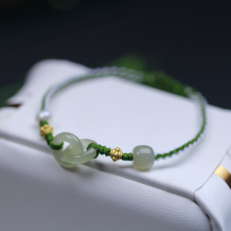 Buddha Stones 925 Sterling Silver Hetian Jade Double Peace Buckle Luck Braided Bracelet - Hetian Jade&Copper Plated Gold - image 0