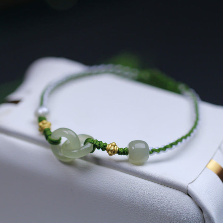 Buddha Stones 925 Sterling Silver Hetian Jade Double Peace Buckle Luck Braided Bracelet - Hetian Jade&Copper Plated Gold - image 0