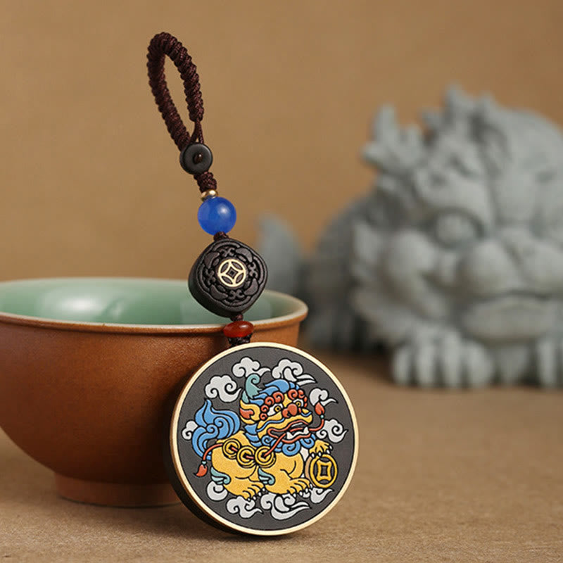 Buddha Stones PiXiu Copper Coin Ebony Wood Luck Attract Wealth Key Chain Decoration - image 3