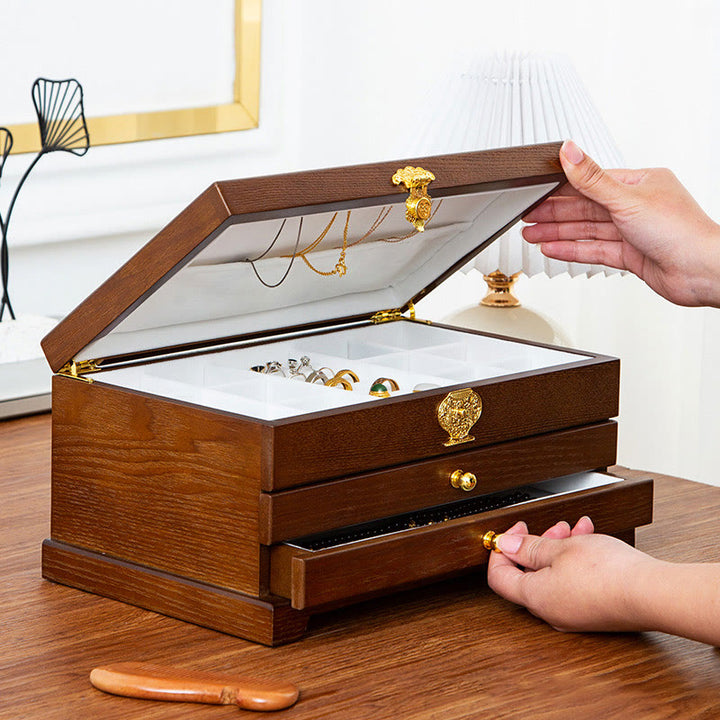 Buddha Stones Retro Wooden Jewelry Box Three-Layer Jewelry Storage Box - image 4