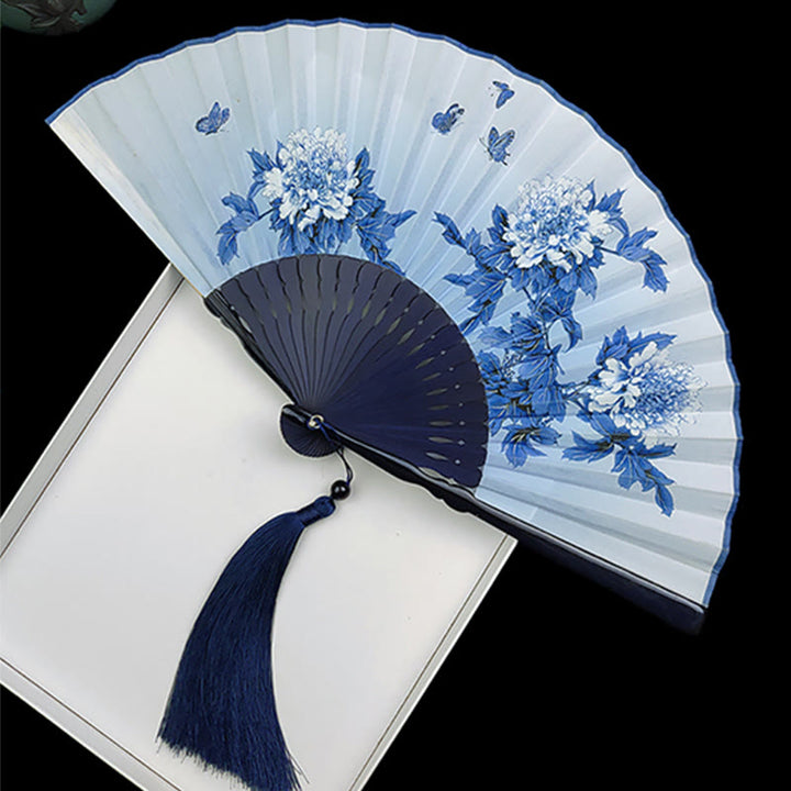Buddha Stones Vintage Bamboo Peony Butterfly Lotus Handheld Silk Folding Fan With Bamboo Frames - Blue Flower Butterfly - image 7