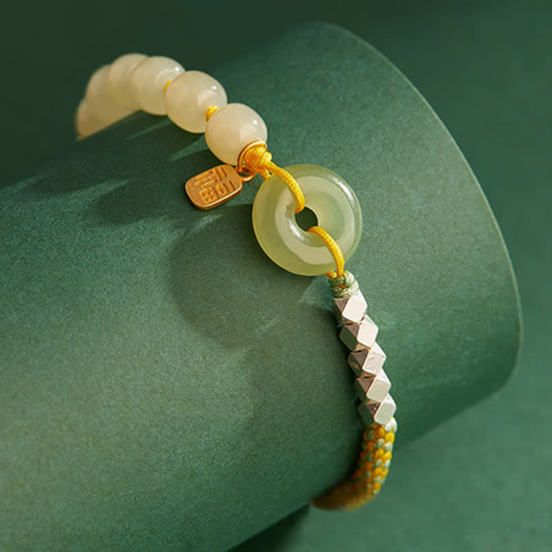 Buddha Stones 925 Sterling Silver Hetian Jade Peace Buckle Beaded Luck Happiness Charm Bracelet - image 2