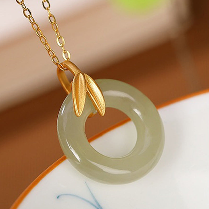 Buddha Stones 925 Sterling Silver Cyan Jade Peace Buckle Bamboo Leaf Harmony Necklace Pendant - image 3