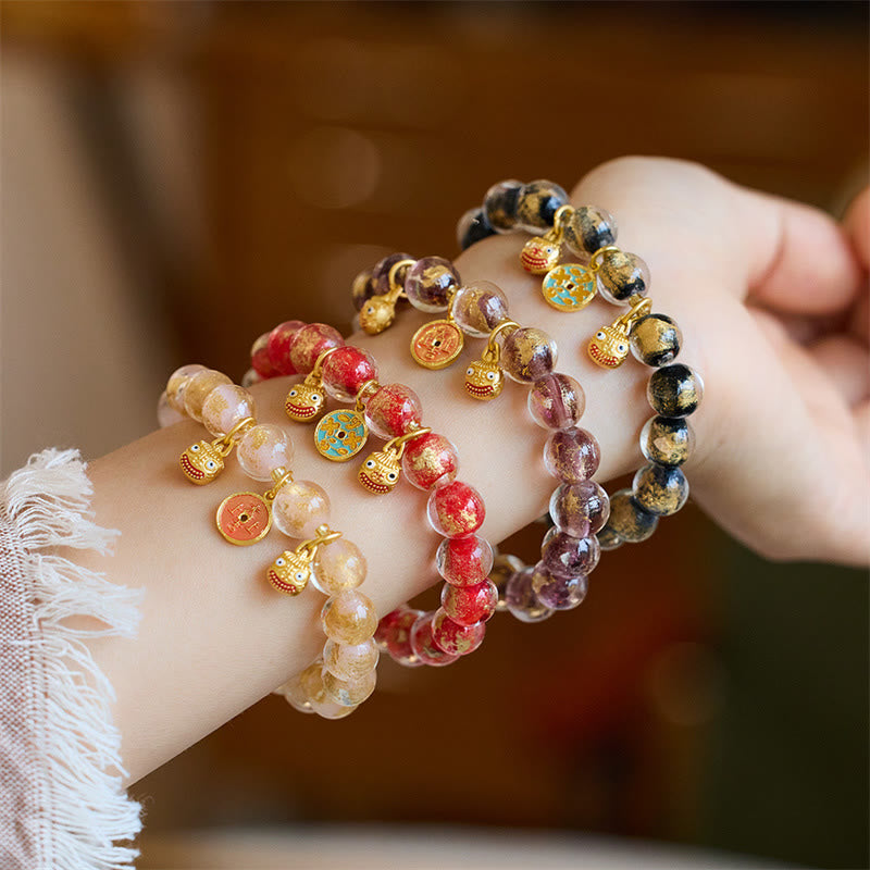 Buddha Stones Gold Swallowing Beast Copper Coin Good Luck Charm Liuli Glass Bead Fortune Bracelet - image 0