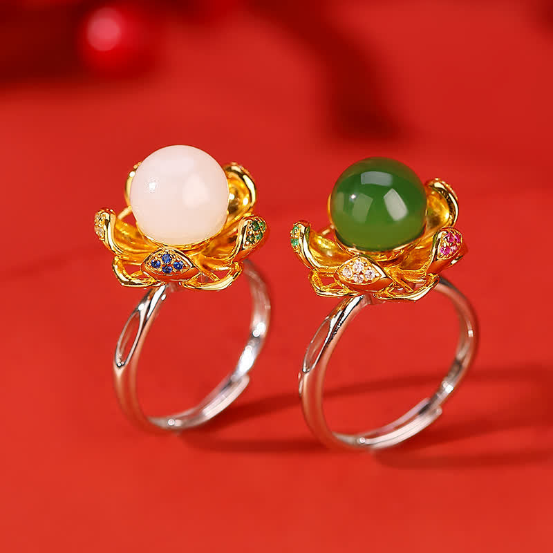 Buddha Stones 925 Sterling Silver White Jade Cyan Jade Lotus Flower Success Ring - image 0