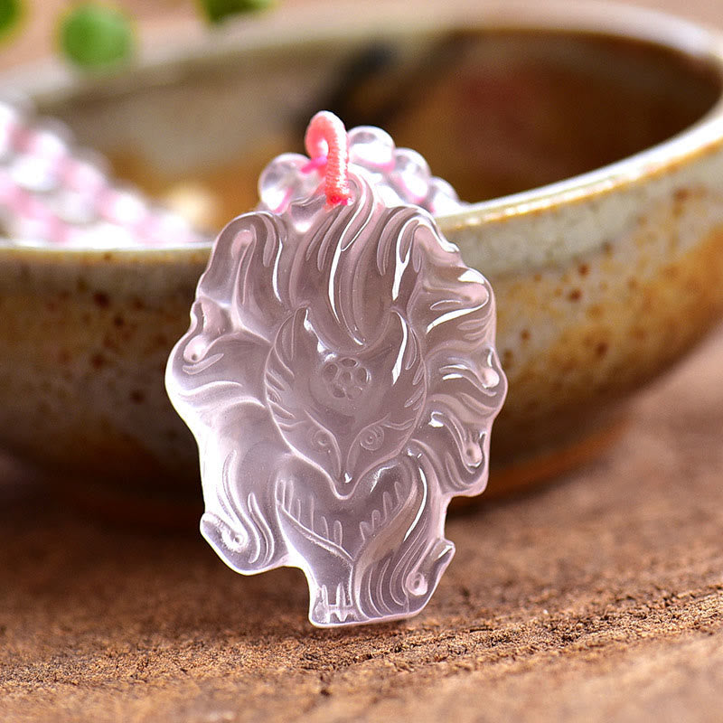 Buddha Stones Natural Pink Crystal Nine Tailed Fox Love Necklace Pendant - Pink Crystal(Soothing♥Warmth) - image 0