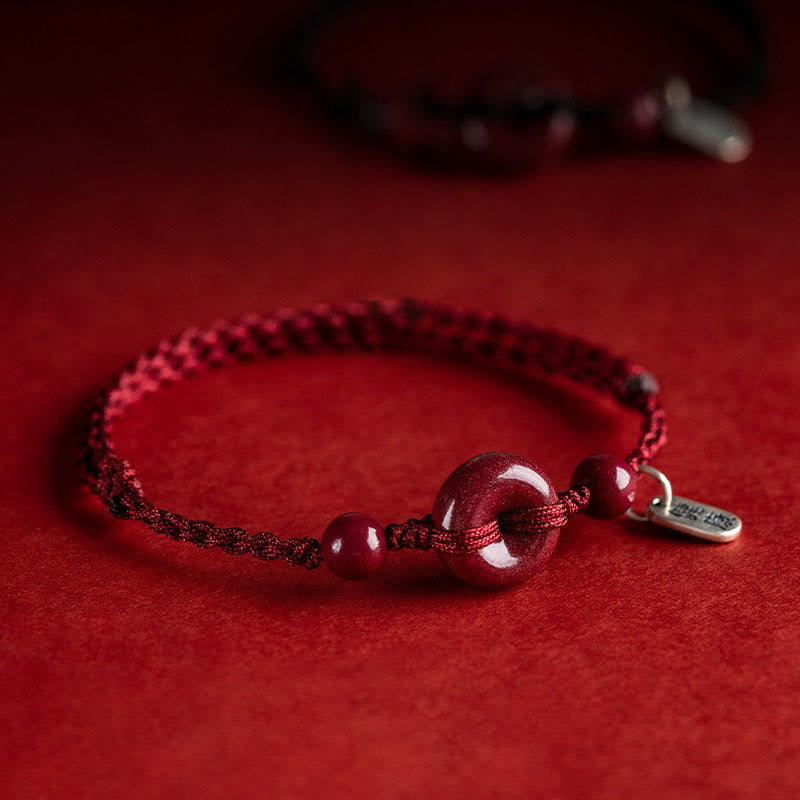 Buddha Stones Handmade Cinnabar Peace Buckle Safe and Healthy Charm Blessing String Bracelet Anklet - Dark Red&Charm - Anklet(Anklet Circumference 18-32cm) - image 0