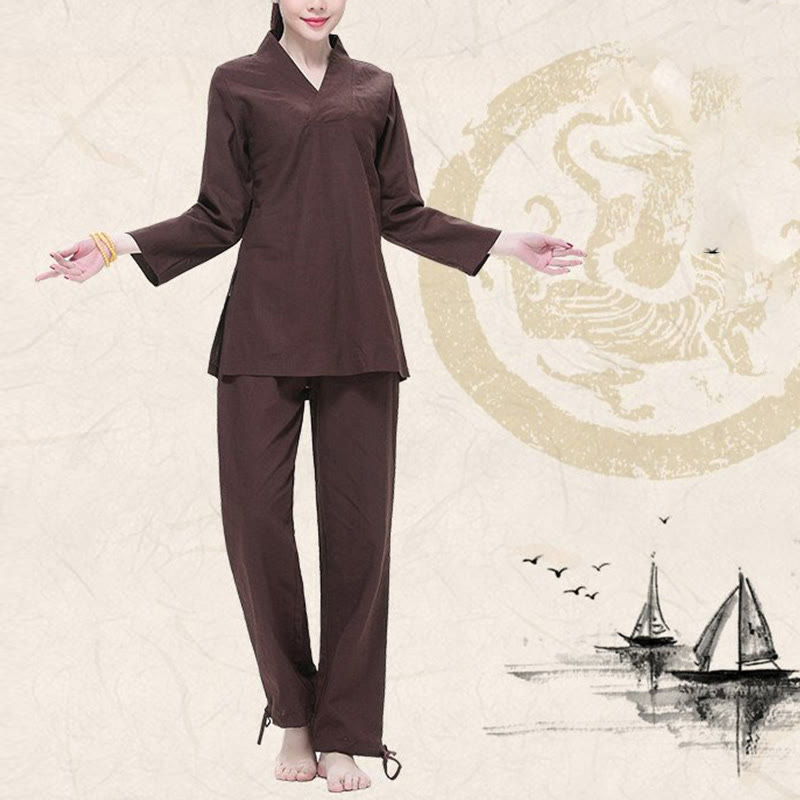 Buddha Stones Zen Practice Yoga Meditation Prayer V-neck Design Uniform Cotton Linen Clothing Women's Set - image 13