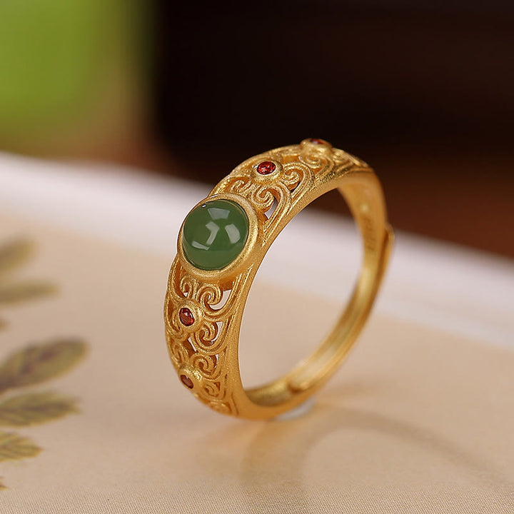 Buddha Stones 925 Sterling Silver Hetian Cyan Jade Harmony Adjustable Ring - Gold - image 10