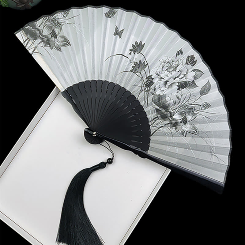 Buddha Stones Vintage Bamboo Peony Butterfly Lotus Handheld Silk Folding Fan With Bamboo Frames - Peony Butterfly - image 10