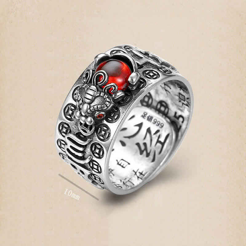 Buddha Stones FengShui PiXiu Red Garnet Heart Sutra Wealth Ring - image 4