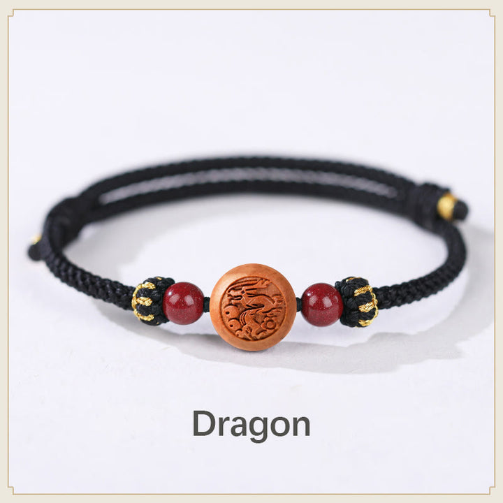 Buddha Stones Natural Peach Wood Chinese Zodiac Fu Character Carved Cinnabar Wealth Bracelet - Dragon-Black(Wrist Circumference 14-22cm) - image 17