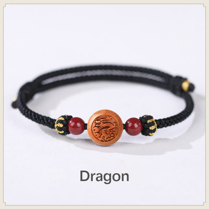 Buddha Stones Natural Peach Wood Chinese Zodiac Fu Character Carved Cinnabar Wealth Bracelet - Dragon-Black(Wrist Circumference 14-18cm) - image 17