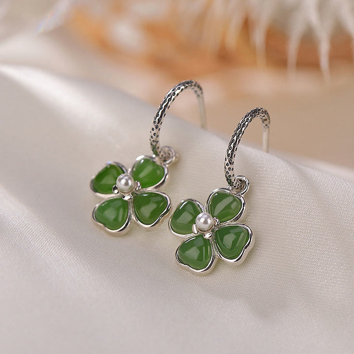 Buddha Stones 925 Sterling Silver Natural Cyan Jade Four Leaf Clover Luck Success Earrings - Silver Cyan Jade - image 1