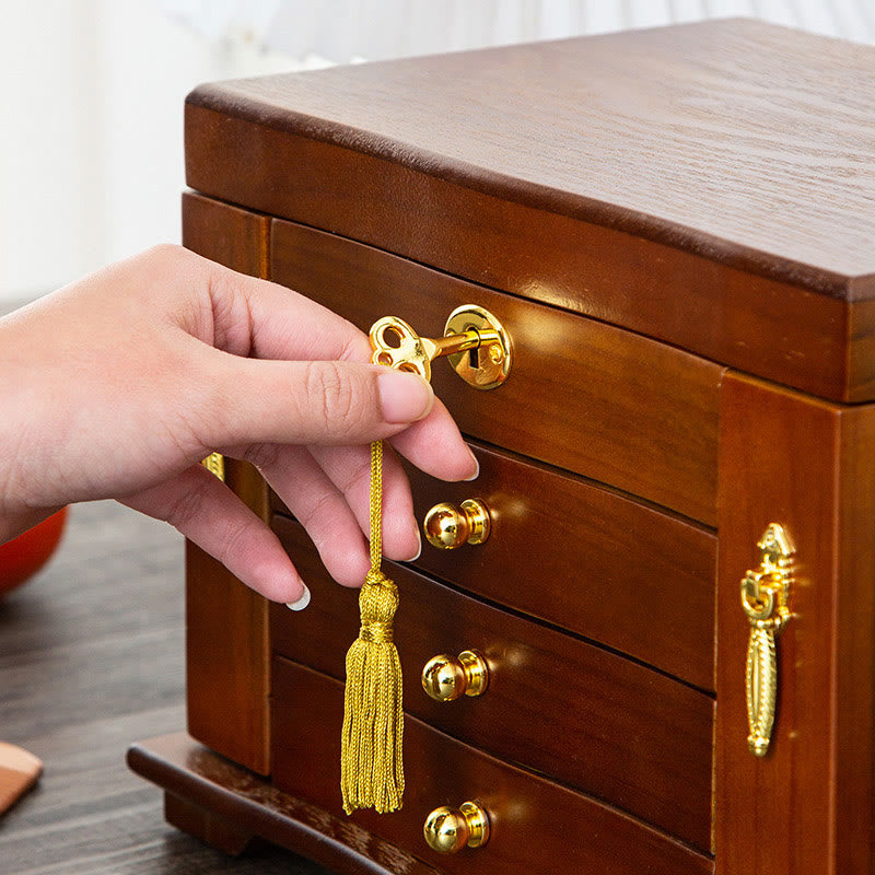 Buddha Stones Vintage Large Capacity Wooden Jewelry Box Jewelry Storage Box With Mirror - image 4
