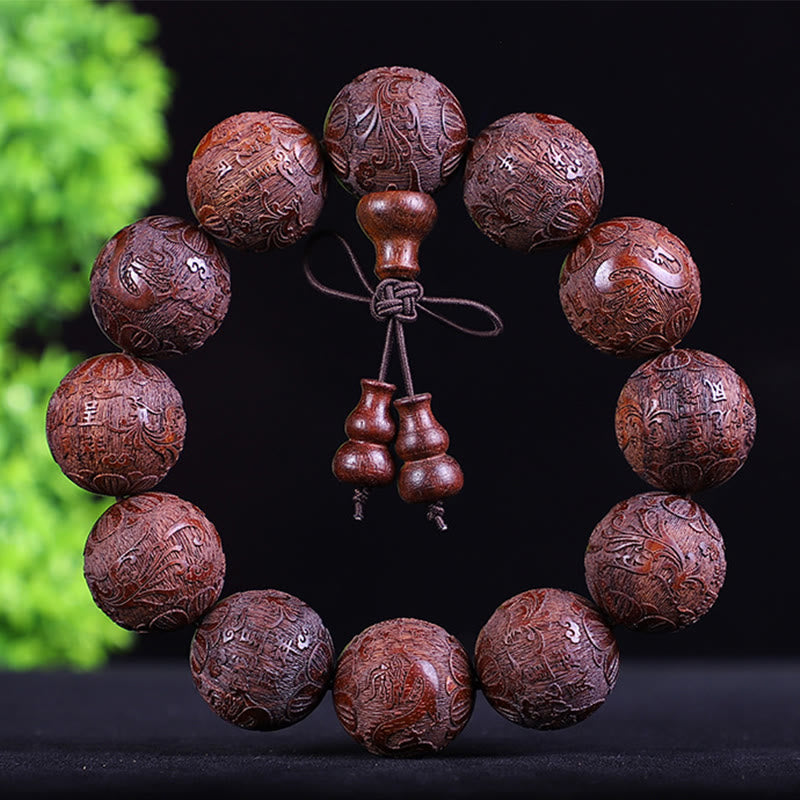 Buddha Stones Chinese Zodiac Rosewood Ebony Copper Coin PiXiu Carved Warmth Bracelet - Red Sandalwood Dragon Phoenix - image 4