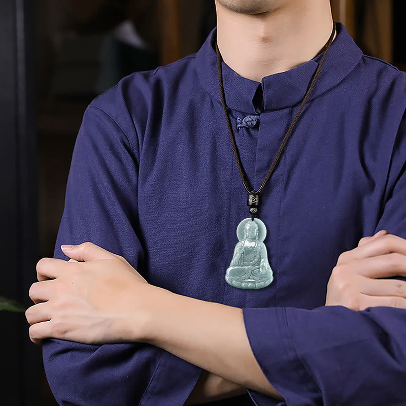 Buddha Stones Amitabha Buddha Natural Jade Lotus Amulet Compassion String Necklace Pendant - image 3