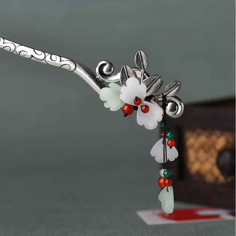 Red Agate Flower Leaf Calm Confidence Tassel Hairpin - image 4