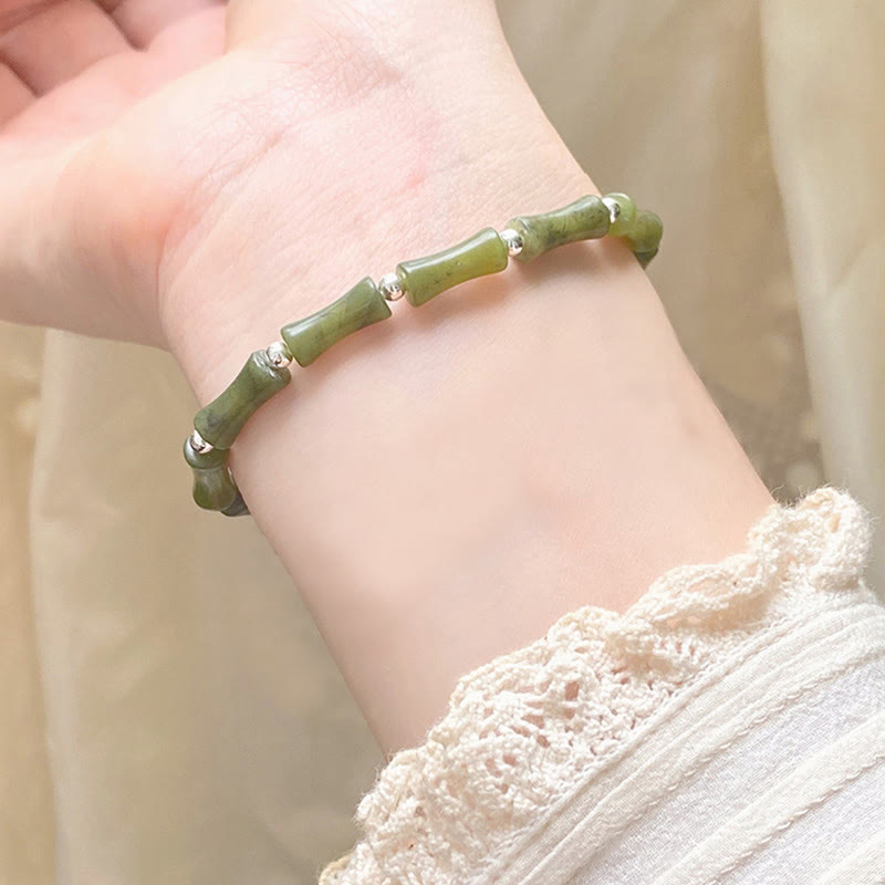 Buddha Stones 925 Sterling Silver Bamboo Jade Lucky Cat Fu Character Luck Abundance Bracelet - image 13