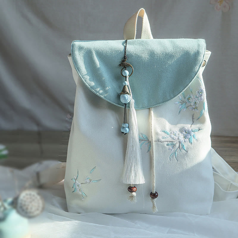 Buddha Stones Handmade Embroidered Large Capacity Canvas Backpack - Pear Flower Blossom - image 37