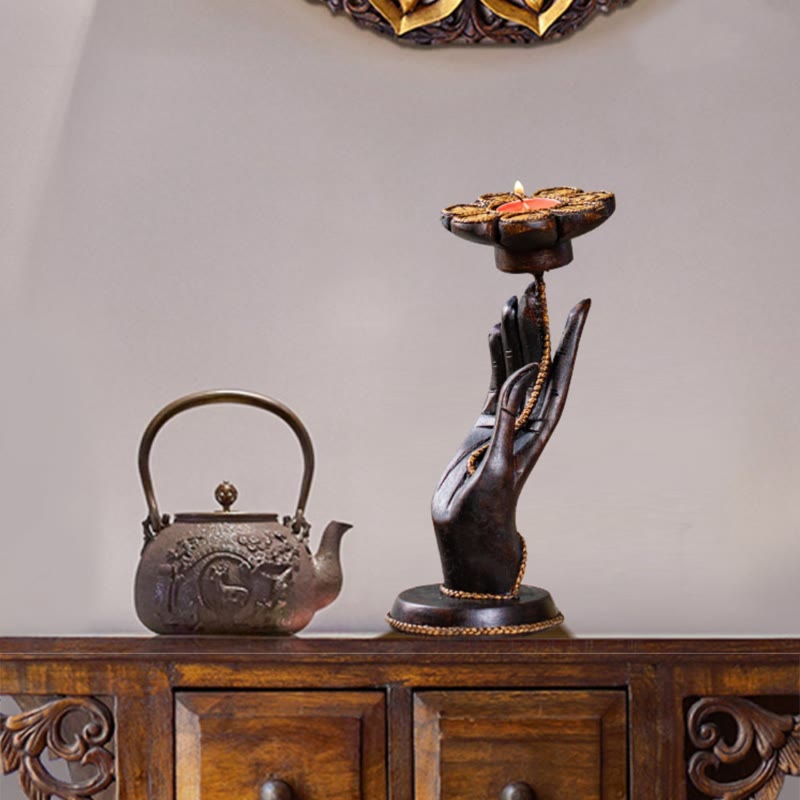 Buddha Stones Hand Pattern Wood Candlestick Home Candle Holder Decoration - image 16