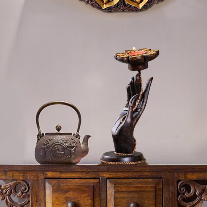 Buddha Stones Hand Pattern Wood Candlestick Home Candle Holder Decoration - image 16