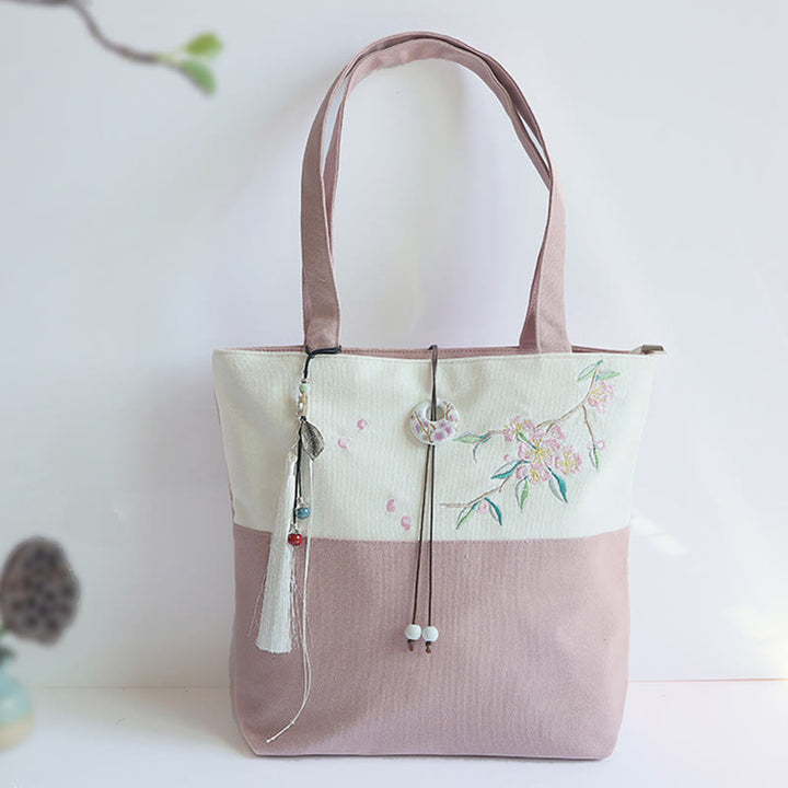 Buddha Stones Pear Flower Plum Peach Blossom Bamboo Embroidery Canvas Large Capacity Shoulder Bag Tote Bag - Pink White Peach - image 32