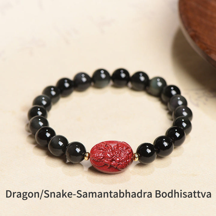Buddha Stones Chinese Zodiac Natal Buddha Natural Black Obsidian Cinnabar Purification Bracelet - 8mm - Dragon/Snake-Samantabhadra Bodhisattva(Wrist Circumference 14-17cm) - image 4
