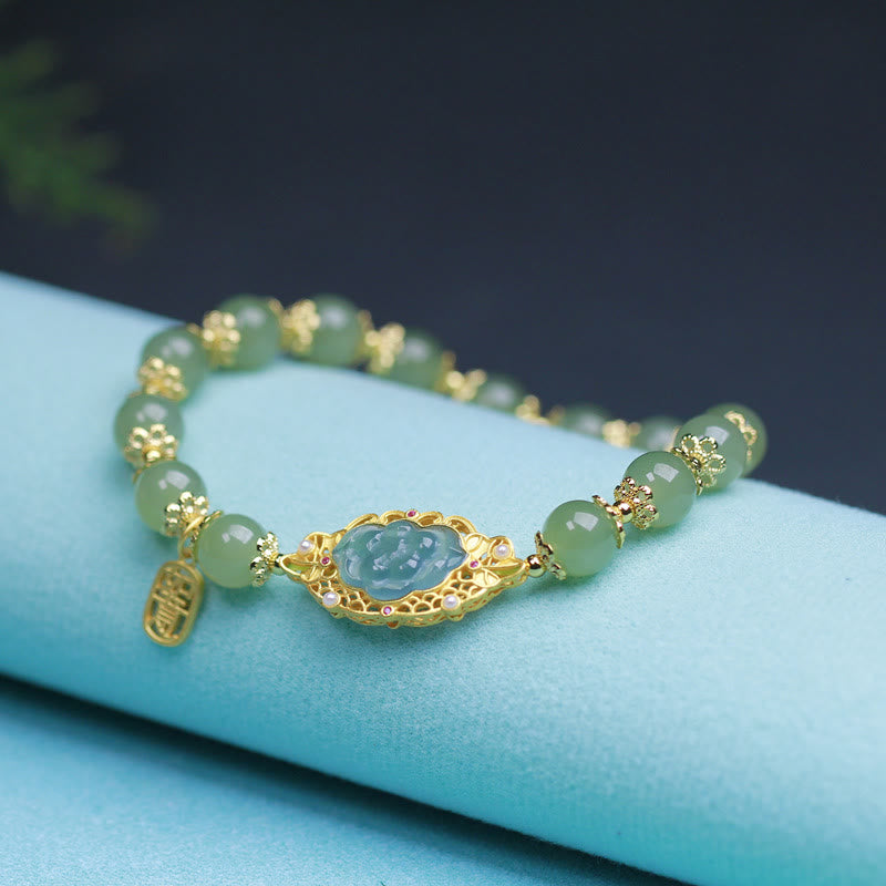 14K Gold Plated 925 Sterling Silver Hetian Jade Lotus Luck Bracelet - image 1