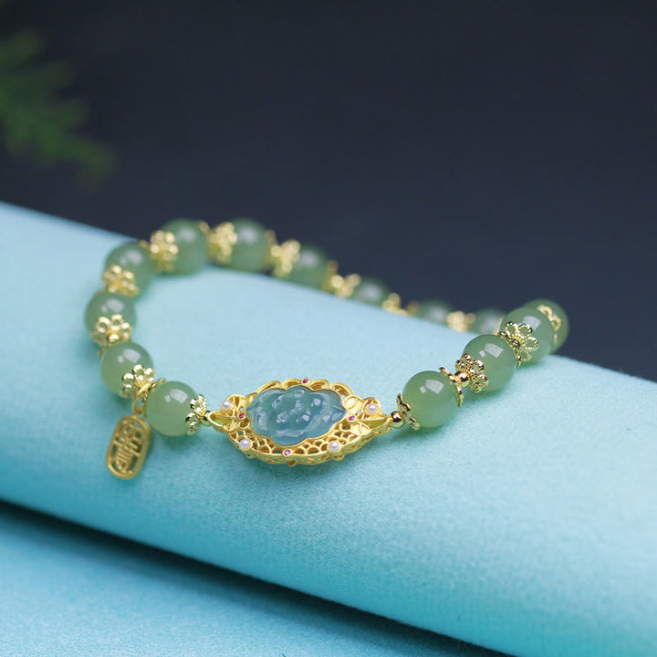 14K Gold Plated 925 Sterling Silver Hetian Jade Lotus Luck Bracelet - image 1
