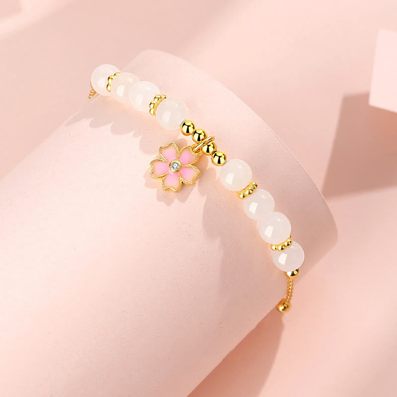 Buddha Stones 925 Sterling Silver Hetian White Jade Cherry Blossom Protection Bracelet - image 1