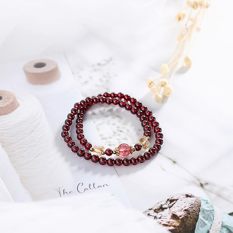 Buddha Stones 14K Gold Plated Natural Garnet Strawberry Quartz Butterfly Protection Double Wrap Bracelet - image 9