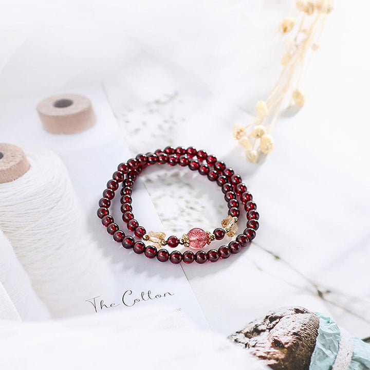 Buddha Stones 14K Gold Plated Natural Garnet Strawberry Quartz Butterfly Protection Double Wrap Bracelet - image 9