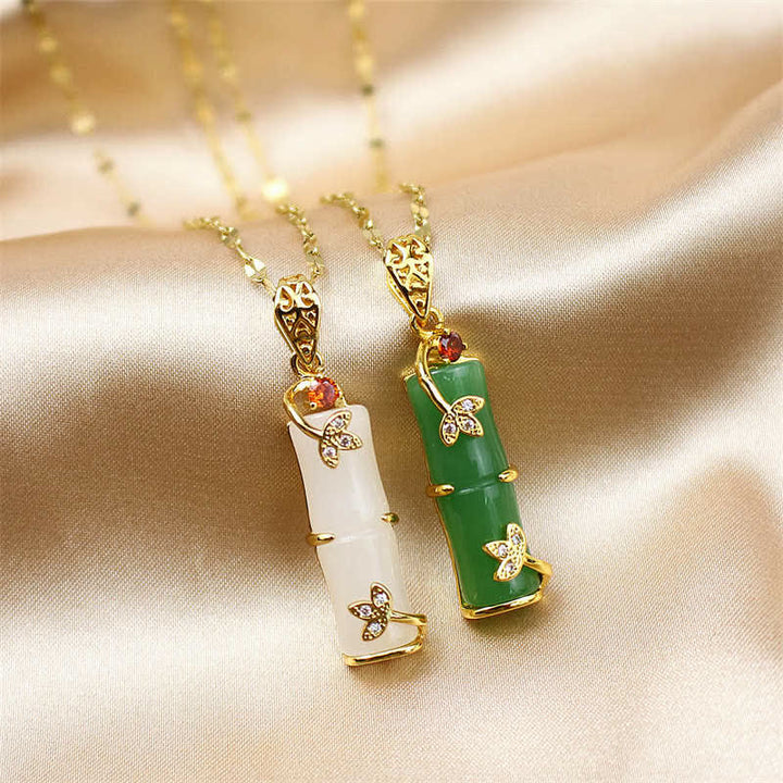 Buddha Stones White Jade Cyan Jade Bamboo Luck Protection Necklace Pendant - image 4