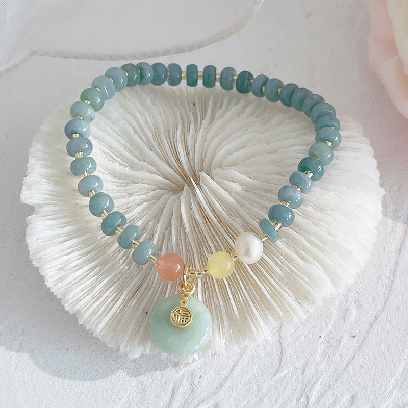 Buddha Stones Natural Hetian Jade Pearl Peace Buckle Fu Character Gourd Money Bag Strawberry Quartz PiXiu Luck Bracelet - Hetian Jade Peace Buckle Fu Character - image 0
